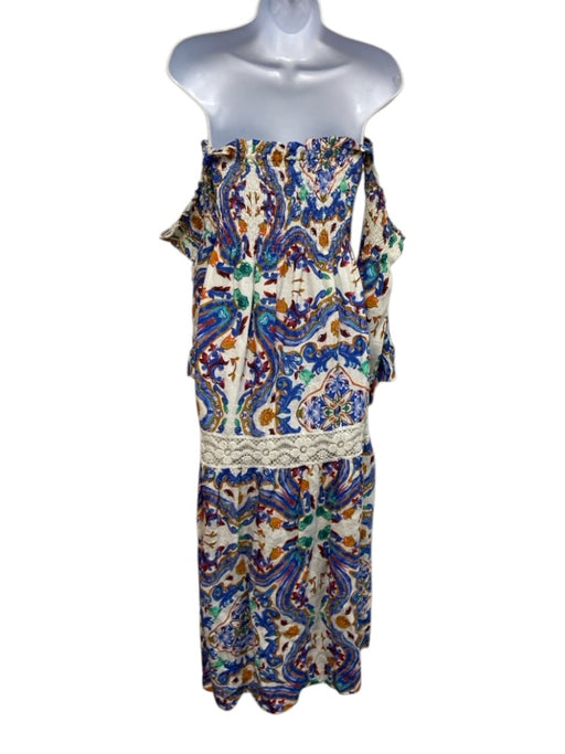 Luisa Positano Size M White, Blue & Multi Linen Off Shoulder Lace Panel Dress White, Blue & Multi / M