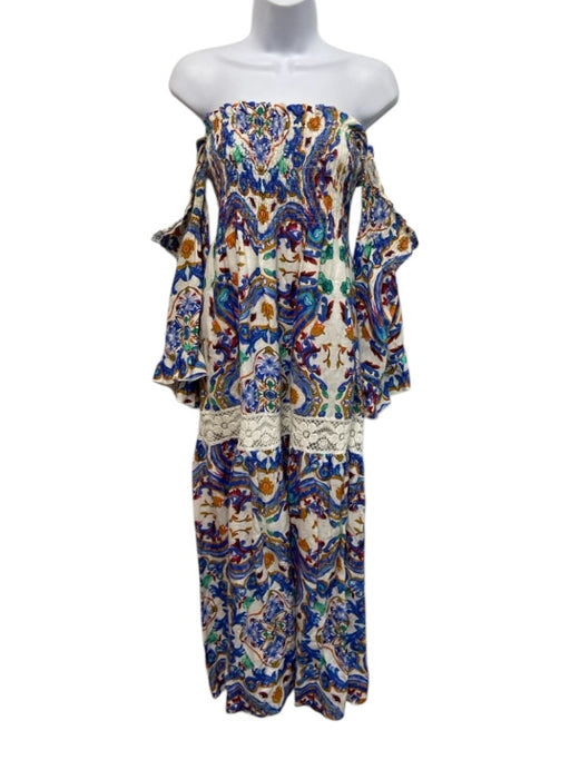 Luisa Positano Size M White, Blue & Multi Linen Off Shoulder Lace Panel Dress White, Blue & Multi / M