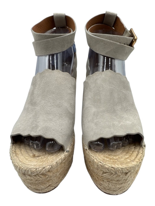 Chloe Shoe Size 39 Gray Leather Upper Raffia Scalloped Ankle Wrap Espadrille Gray / 39
