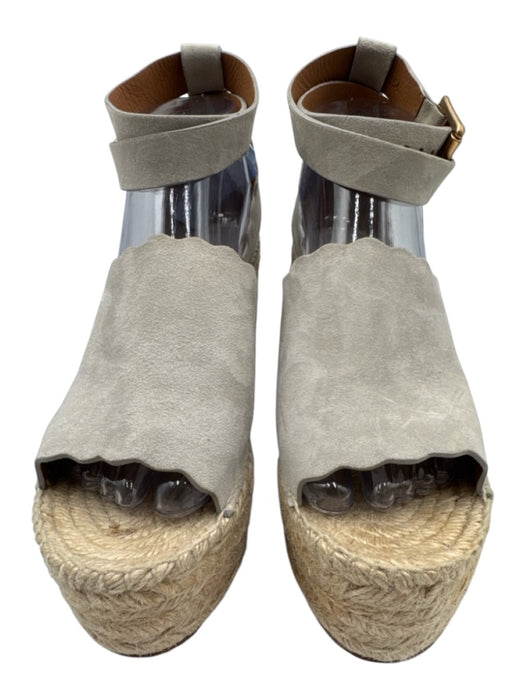 Chloe Shoe Size 39 Gray Leather Upper Raffia Scalloped Ankle Wrap Espadrille Gray / 39