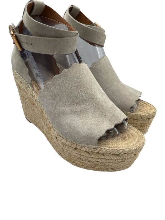 Chloe Shoe Size 39 Gray Leather Upper Raffia Scalloped Ankle Wrap Espadrille Gray / 39