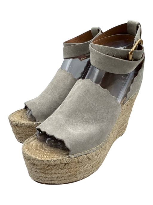 Chloe Shoe Size 39 Gray Leather Upper Raffia Scalloped Ankle Wrap Espadrille Gray / 39