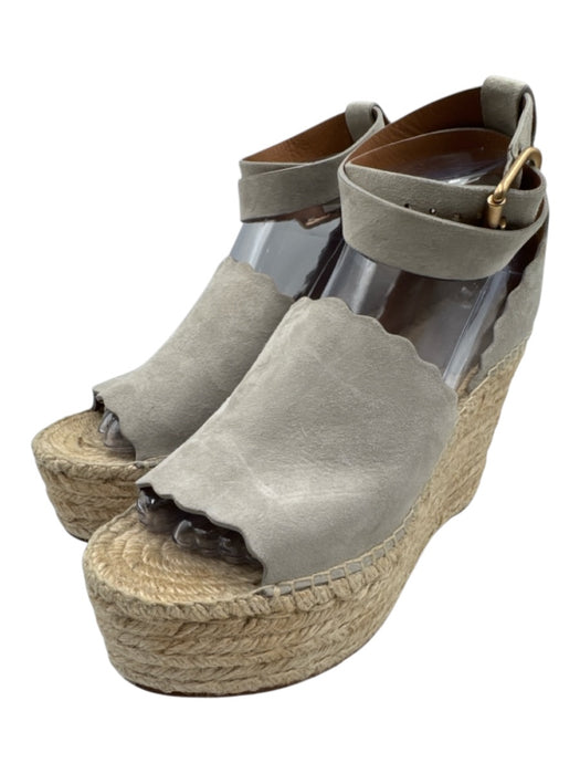 Chloe Shoe Size 39 Gray Leather Upper Raffia Scalloped Ankle Wrap Espadrille Gray / 39