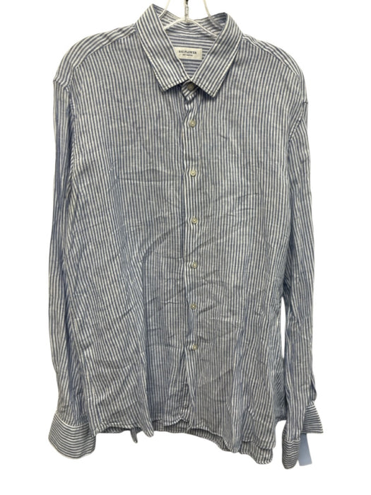 Big Flower Size XL Blue & White Linen Striped Button Down Long Sleeve Shirt Blue & White / XL