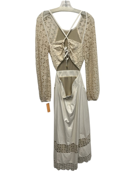 Lace Size M Cream White Polyester Long Balloon Sleeve Lace Detail Tie Back Dress Cream White / M