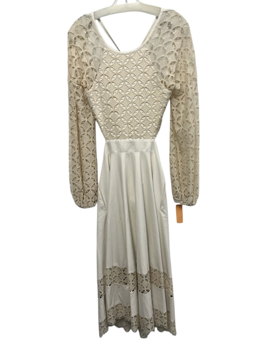 Lace Size M Cream White Polyester Long Balloon Sleeve Lace Detail Tie ...