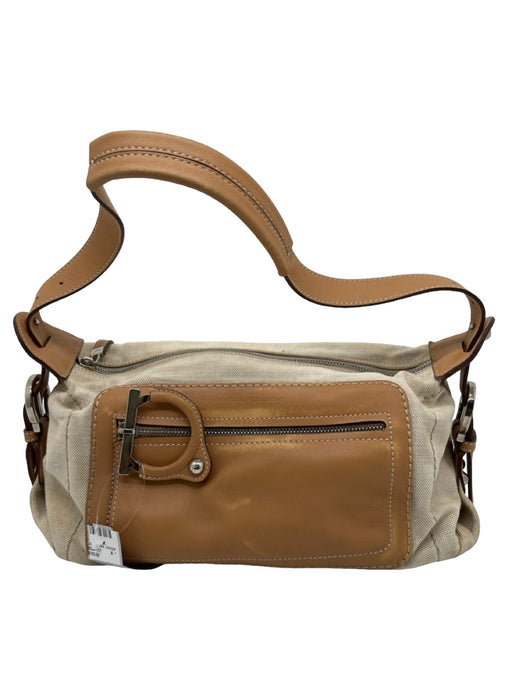 Salvatore Ferragamo Cream & Tan Canvas & Leather Shoulder Bag Zip Close Bag Cream & Tan / Small
