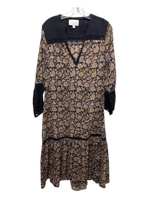 Cleobella Size XS Black & Yellow Print Cotton Tunic Neck Pleated Detail Dress Black & Yellow Print / XS