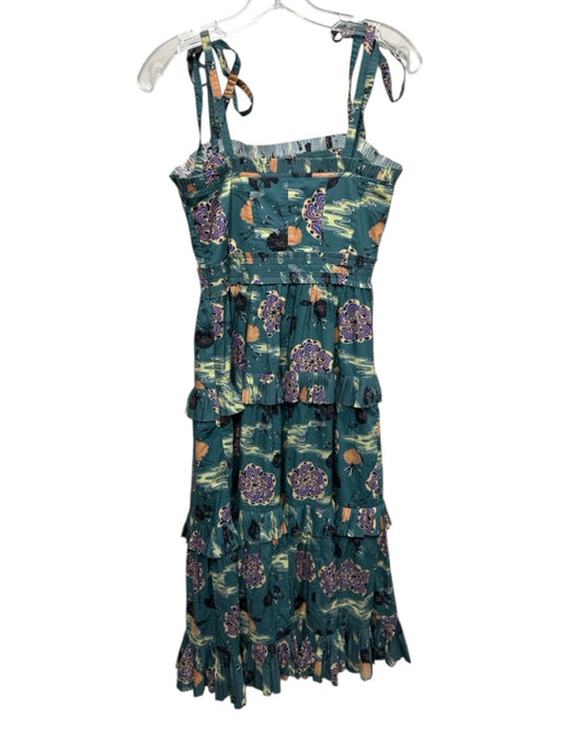 Ulla Johnson Size Est M Green & Multi No Fabric Tag Tie Shoulder Midi Dress Green & Multi / Est M