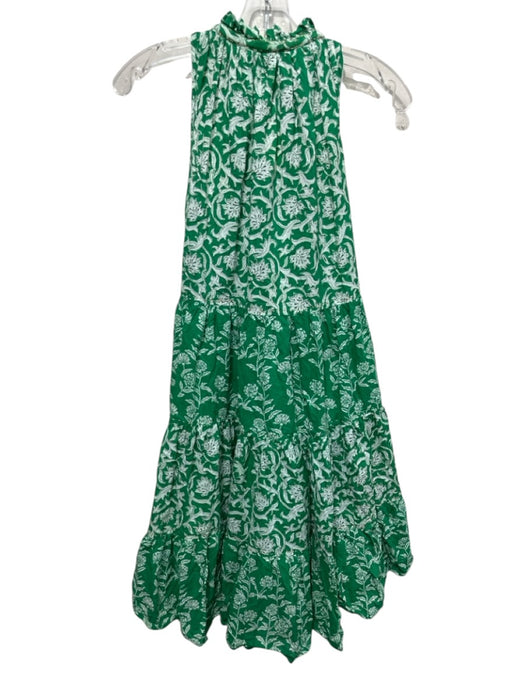 Ro's Garden Size S Green & White Cotton Sleeveless Tie Neck Floral Print Dress Green & White / S