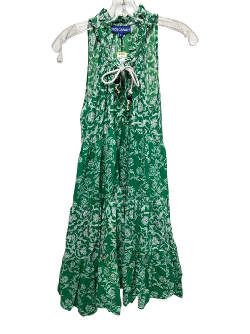 Ro's Garden Size S Green & White Cotton Sleeveless Tie Neck Floral Print Dress Green & White / S