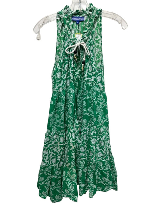 Ro's Garden Size S Green & White Cotton Sleeveless Tie Neck Floral Print Dress Green & White / S
