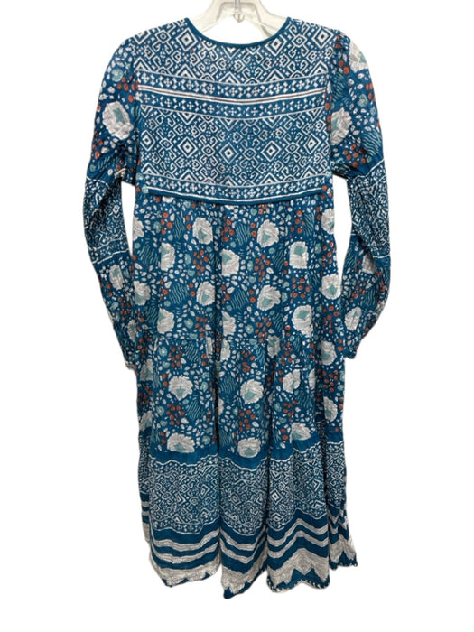 Matta Size S Blue & Multi Cotton Long Sleeve Floral Print Tie Neck Midi Dress Blue & Multi / S