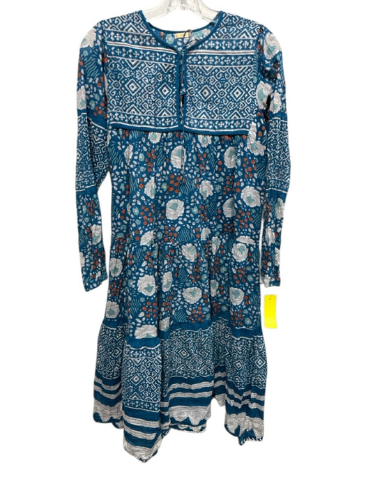 Matta Size S Blue & Multi Cotton Long Sleeve Floral Print Tie Neck Midi Dress Blue & Multi / S