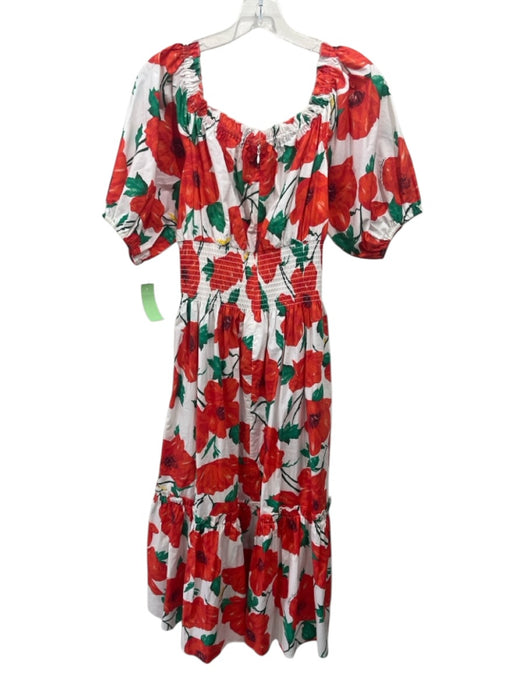 Cara Cara Size M Red, Green, White Cotton Shirred Waist Poppy Off Shoulder Dress Red, Green, White / M