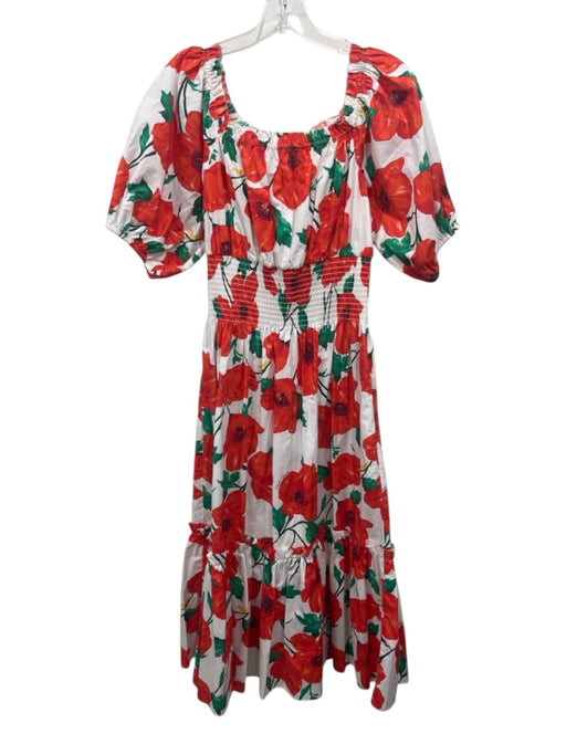 Cara Cara Size M Red, Green, White Cotton Shirred Waist Poppy Off Shoulder Dress Red, Green, White / M