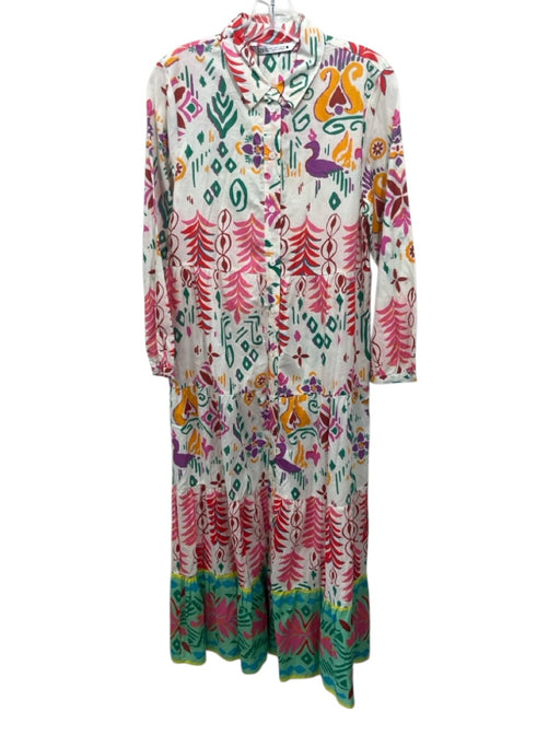 Zara Size S Cream, Green, Multi Cotton Abstract Leaves Button Down Maxi Dress Cream, Green, Multi / S