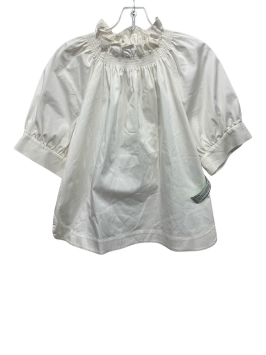 Antonio Melani Size 6 Ivory White Cotton Blend Ruffle High Neck Curved Hem Top Ivory White / 6
