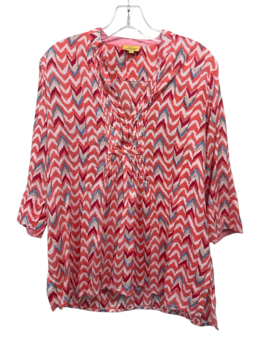 Roller Rabbit Size S Orange, White, Blue Cotton Chevron V Neck 3/4 Sleeve Top Orange, White, Blue / S