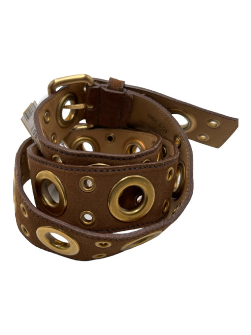 Prada Brown & Gold Leather Suede Grommets Buckle Belts Brown & Gold / 90