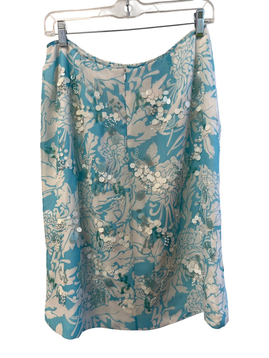 Kay Unger Size 10 Pastel Blue Silk Back Zip Pencil Sequined Floral Skirt Pastel Blue / 10