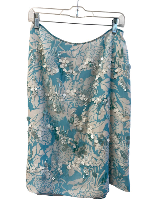 Kay Unger Size 10 Pastel Blue Silk Back Zip Pencil Sequined Floral Skirt Pastel Blue / 10