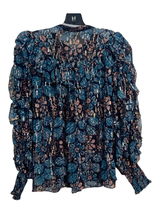 Ulla Johnson Size 4 Blue & Multi Silk Metallic Thread Abstract Floral Ruffle Top Blue & Multi / 4