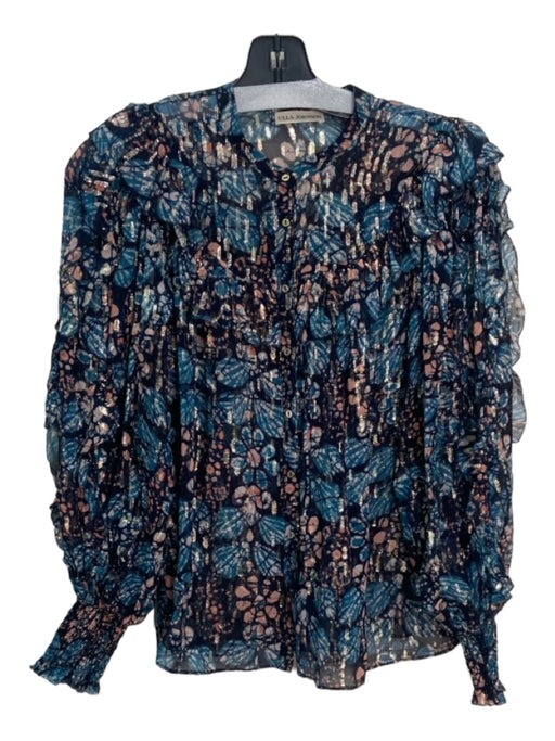 Ulla Johnson Size 4 Blue & Multi Silk Metallic Thread Abstract Floral Ruffle Top Blue & Multi / 4