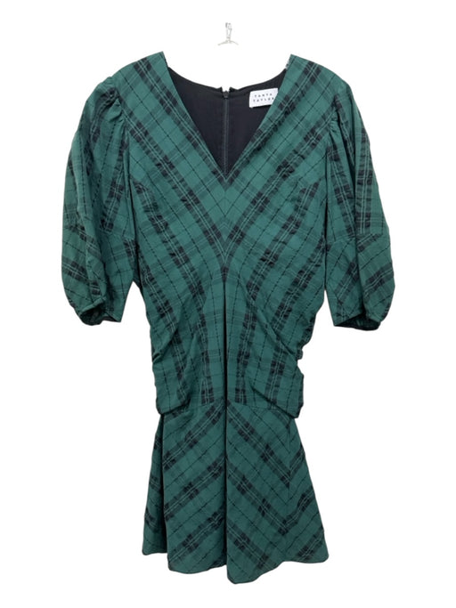 Tanya Taylor Size 6 Green & Black Cotton & Polyester Plaid V Neck Back Zip Dress Green & Black / 6