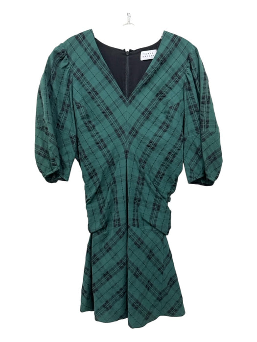 Tanya Taylor Size 6 Green & Black Cotton & Polyester Plaid V Neck Back Zip Dress Green & Black / 6