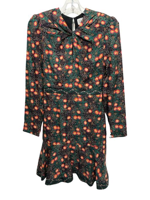 Saloni Size 4 Black, Green, Orange Silk Floral & Geometric Twist Front Dress Black, Green, Orange / 4