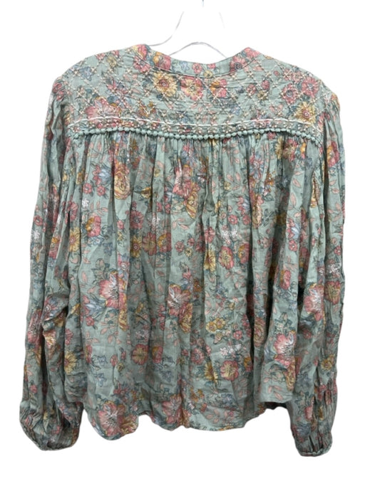 Louise Misha Size 36 Mint Green & Multi Cotton Floral Long Sleeve Button Up Top Mint Green & Multi / 36