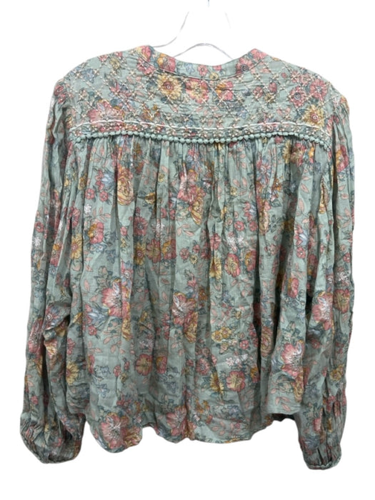 Louise Misha Size 36 Mint Green & Multi Cotton Floral Long Sleeve Button Up Top Mint Green & Multi / 36
