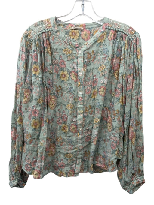 Louise Misha Size 36 Mint Green & Multi Cotton Floral Long Sleeve Button Up Top Mint Green & Multi / 36