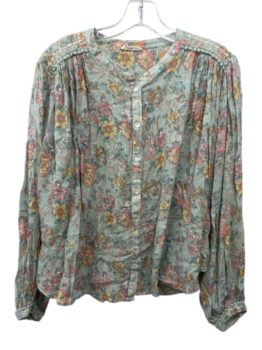 Louise Misha Size 36 Mint Green & Multi Cotton Floral Long Sleeve Button Up Top Mint Green & Multi / 36