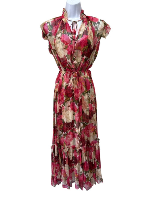 Zimmermann Size 0 Pink, Green, Cream Silk Long Sheer Sleeves Floral Dress Pink, Green, Cream / 0