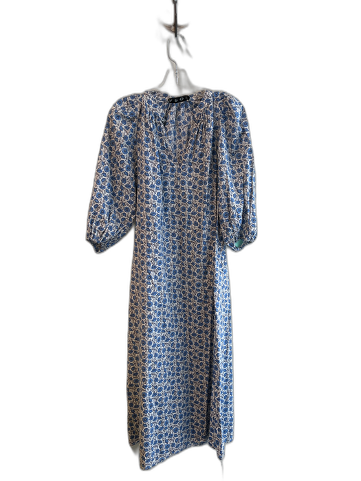 APOF Blue & White Cotton 3/4 Puff Sleeve Floral V Neck Maxi Dress Blue & White