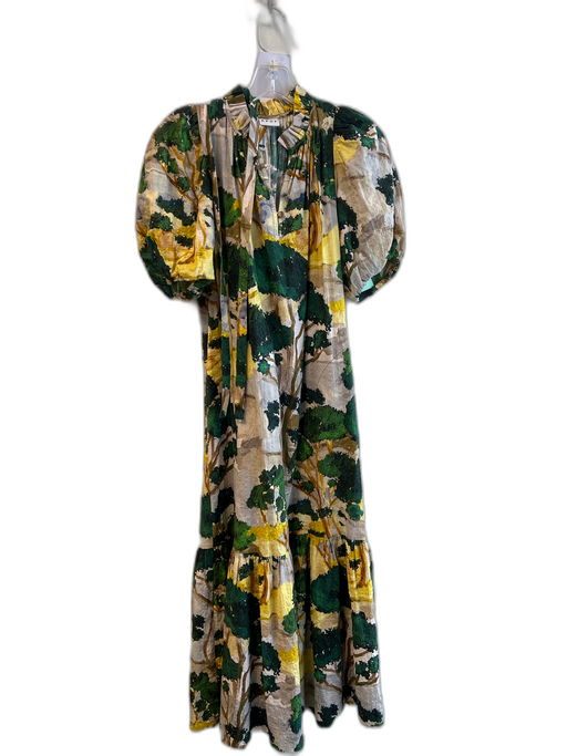 APOF Size XS Gold & Green Cotton Short Puff Sleeve V Neck Maxi Tree Print Dress Gold & Green / XS