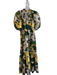 APOF Size XS Gold & Green Cotton Short Puff Sleeve V Neck Maxi Tree Print Dress Gold & Green / XS