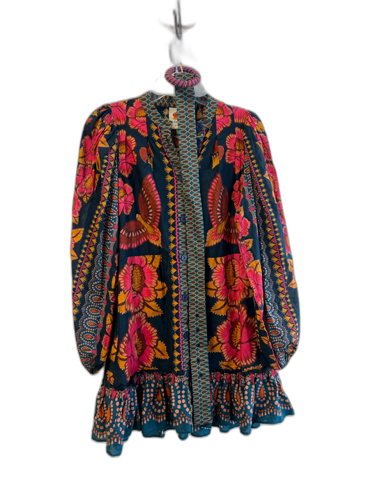 Farm Rio Size S Blue, Pink & Gold Cotton Floral Long Puff Sleeve V Neck Dress Blue, Pink & Gold / S