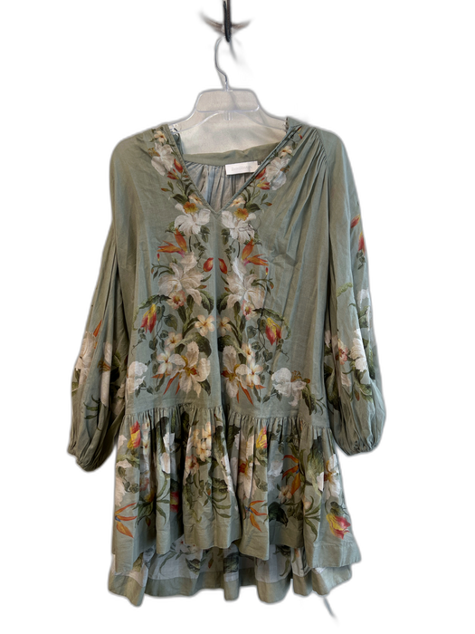 Zimmermann Size 0 Green & Multi Cotton Floral Long Puff Sleeve V Neck Dress Green & Multi / 0