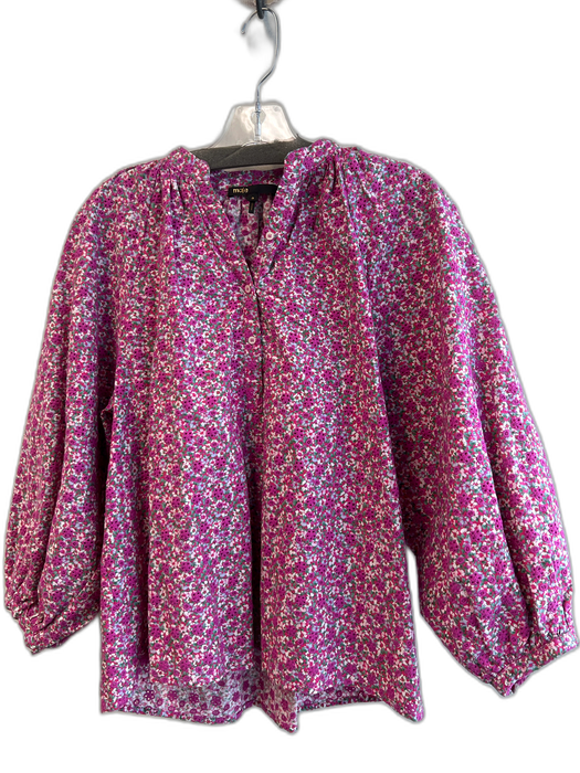 Maje Size 0 Purple & Green Cotton Floral 3/4 puff sleeve Button Down Top Purple & Green / 0