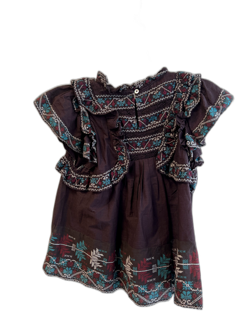 Sea New York Size S Brown, Blue, & Red Cotton Ruffle High Neck Embroidered Top Brown, Blue, & Red / S