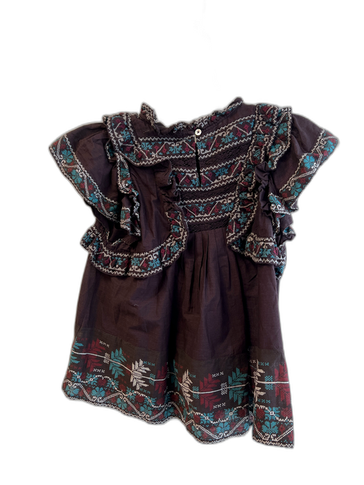 Sea New York Size S Brown, Blue, & Red Cotton Ruffle High Neck Embroidered Top Brown, Blue, & Red / S