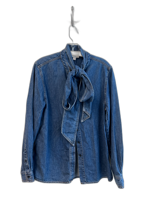 Frame Size S Blue Cotton Blend Tie Neck Button Down Long Sleeve Denim Top Blue / S