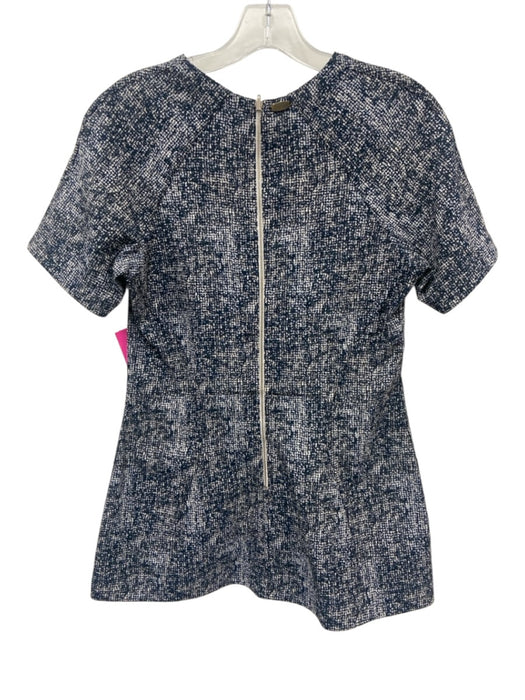 Lela Rose Size Est XS Navy Blue & White Short Sleeve Jacquard Print Back Zip Top Navy Blue & White / Est XS