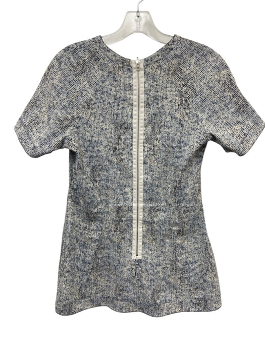Lela Rose Size Est XS Navy Blue & White Short Sleeve Jacquard Print Back Zip Top Navy Blue & White / Est XS
