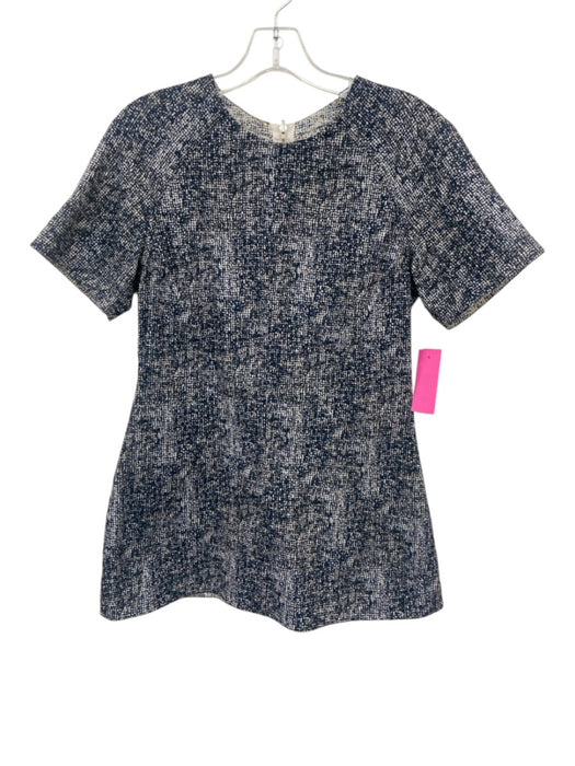 Lela Rose Size Est XS Navy Blue & White Short Sleeve Jacquard Print Back Zip Top Navy Blue & White / Est XS