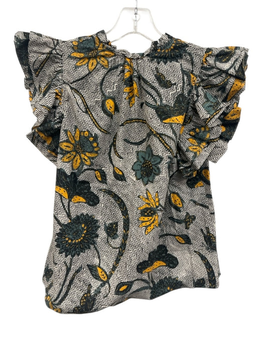 Ulla Johnson Size 4 Yellow, Teal, Black Cotton Ruffle Cap Sleeve Floral Top Yellow, Teal, Black / 4