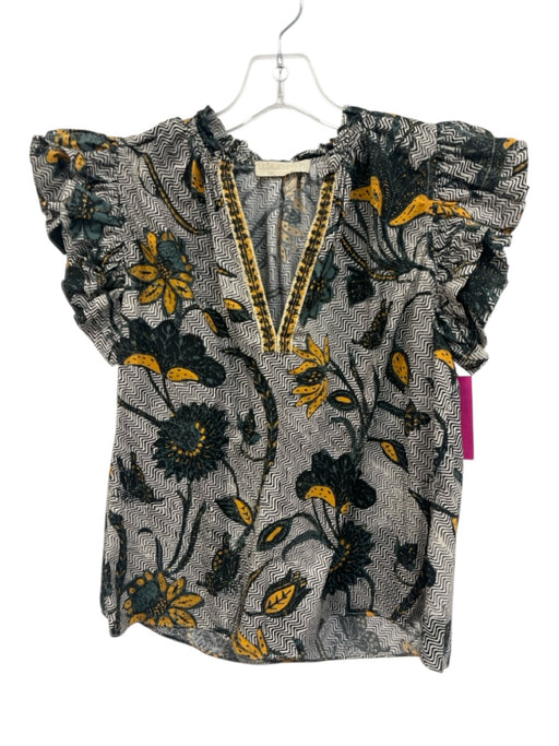 Ulla Johnson Size 4 Yellow, Teal, Black Cotton Ruffle Cap Sleeve Floral Top Yellow, Teal, Black / 4